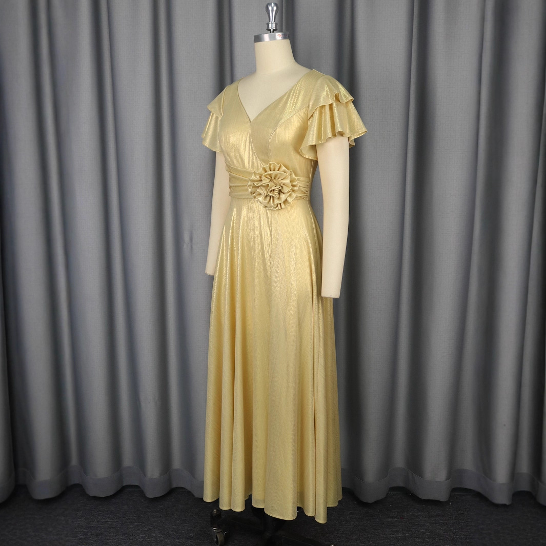 Plus-Sizes Elegant Lurex A-Line Maxi Dress with Ruffle Sleeves AM050408	-UGENA FASHION