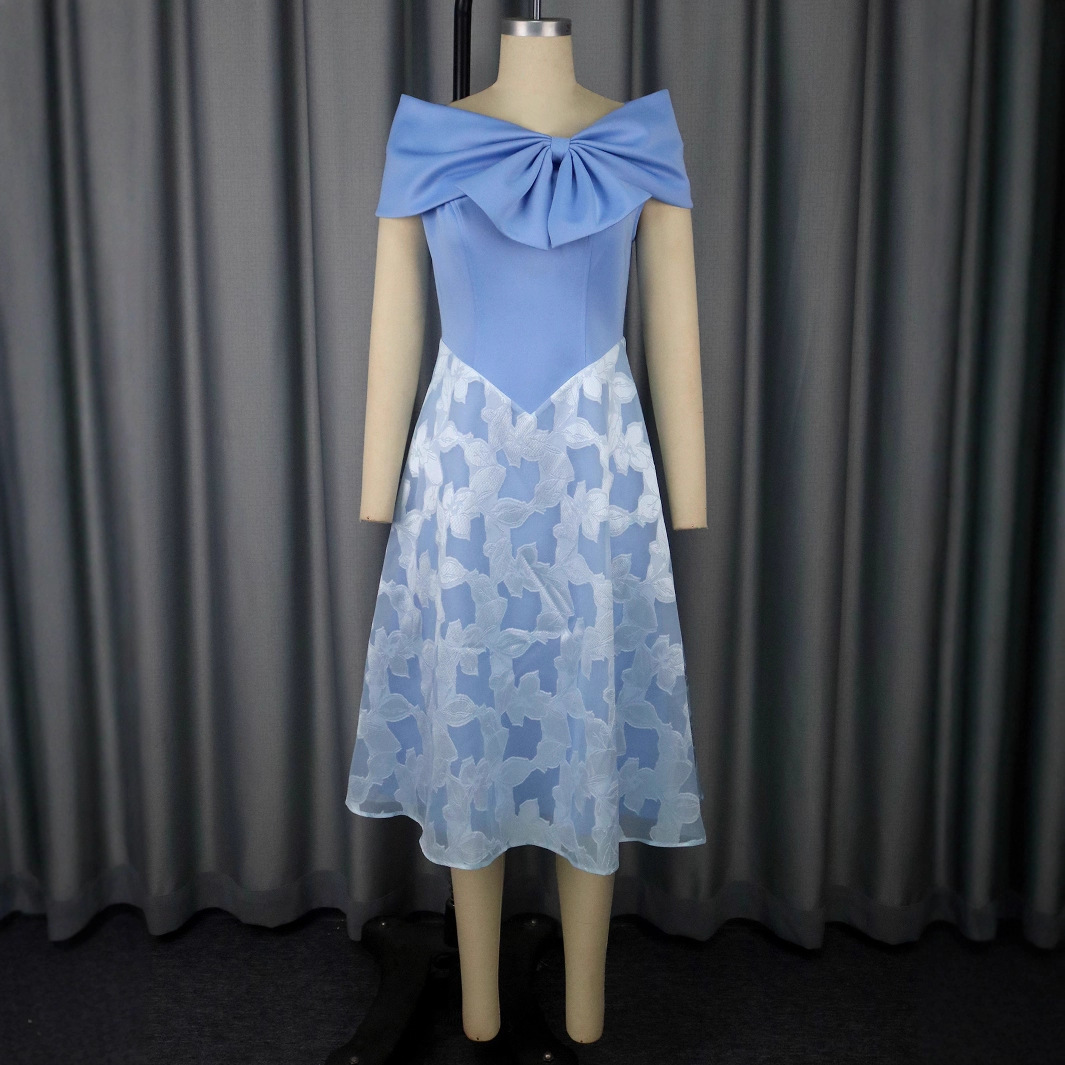 Plus-Sizes Romantic Bow-Detail Cocktail Dress with Jacquard Skirt AM050558	-UGENA FASHION