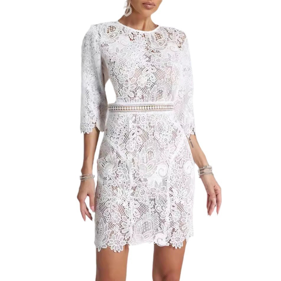 White Guipure Lace Mini Dress - Ruffle Shoulder Sheer Waist Cocktail Dress BA435