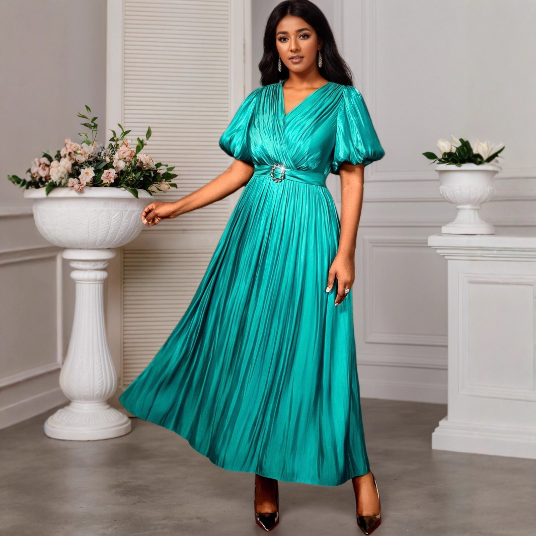 Plus-Sizes Glamorous V-Neck Metallic Pleated Maxi Dress with Buckle Belt - Puff Sleeve Elegant Party Gown AM050346	-UGENA FASHION