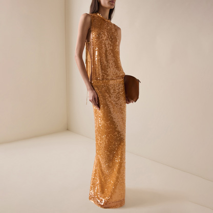 Golden Sequin Maxi Dress - Sleeveless High Neck Lace-Up Side Gown for New Year's Eve & Gala Z0014