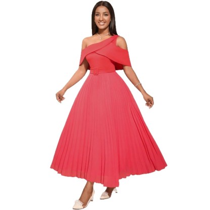 Plus-Sizes Stylish Asymmetric Off-Shoulder Pleated Dress with Belt AM050403	-UGENA FASHION