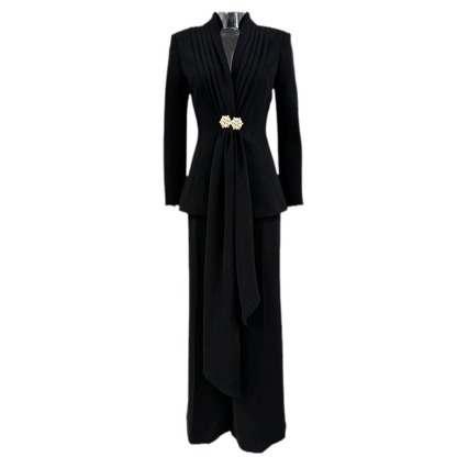 Luxurious Women's Black Evening Suit Set - Pleated Cinch-Waist Blazer with Jeweled Brooch & Wide-Leg Trousers - Elegant 2-Piece Formal Gown Alternative for Galas 2901