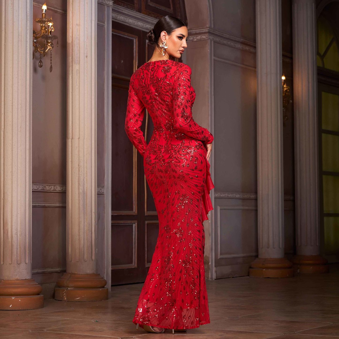 Luxury Red Sequin Long Sleeve Gown - Ruffle High Slit Formal Evening Dress gm01060