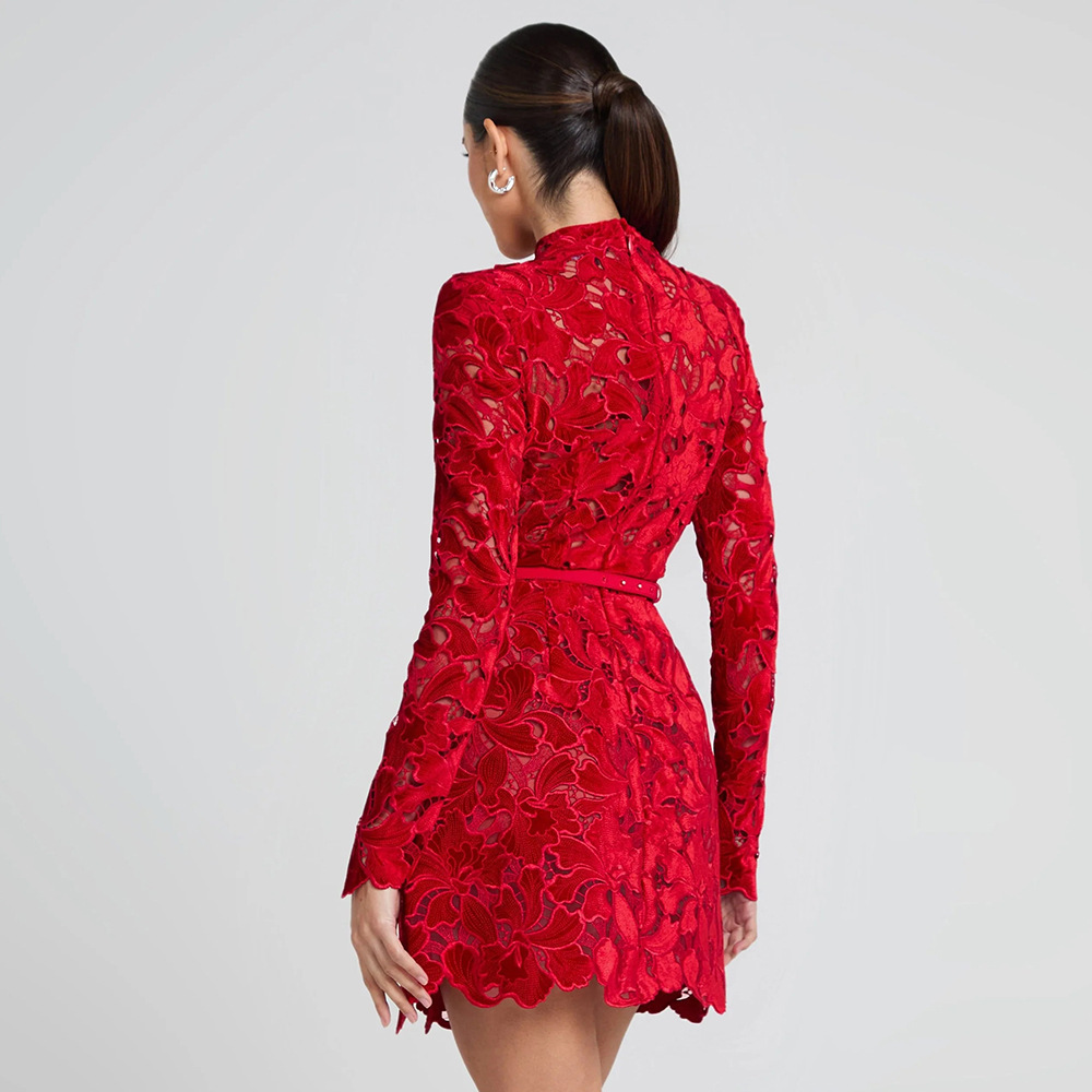 Luxurious Red Guipure Lace Mini Dress - Mock Neck Long Sleeve Party Cocktail Dress with Belt 996210072732