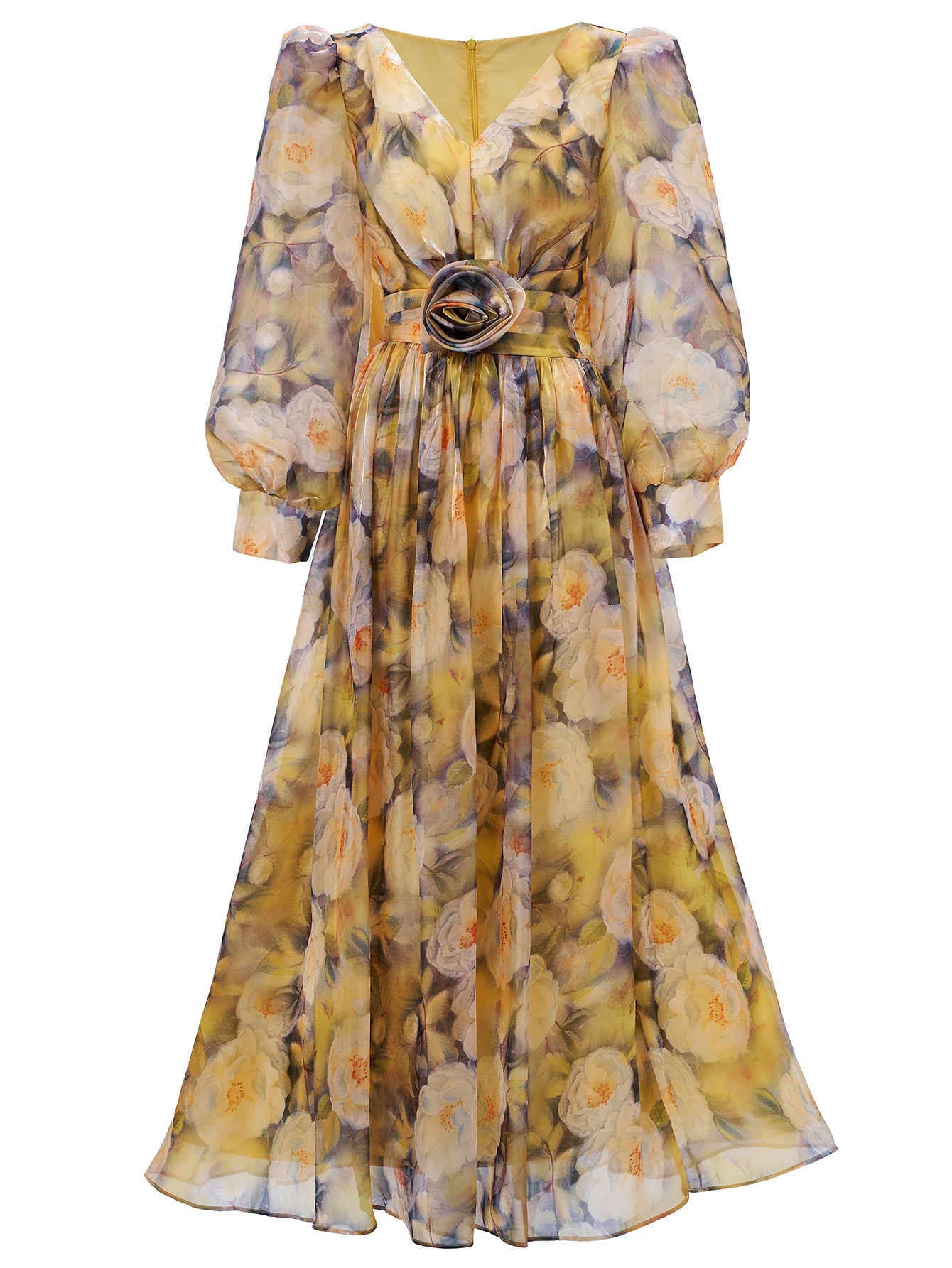 Yellow Floral Print Chiffon Maxi Dress | V-Neck Long Puff Sleeve Gown with 3D Waist Flower Detail | Elegant Retro Summer Wedding Guest Dress qc21