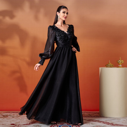 Elegant Black V-Neck Long Sleeve Chiffon A-Line Formal Gown with Beaded Detail dh80456
