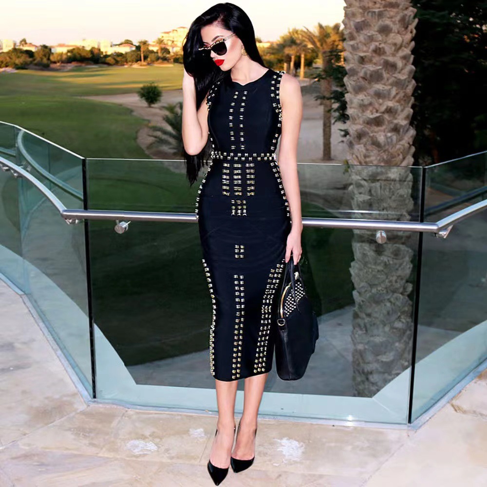 Luxury White & Gold Bandage Maxi Dress - Bodycon Gown with Metal Ring Embellishment | Black Tie BA362