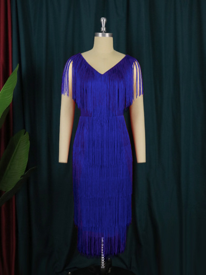 Plus-Sizes Sexy V-Neck Fringe Bodycon Party Dress AM220653 -UGENA FASHION
