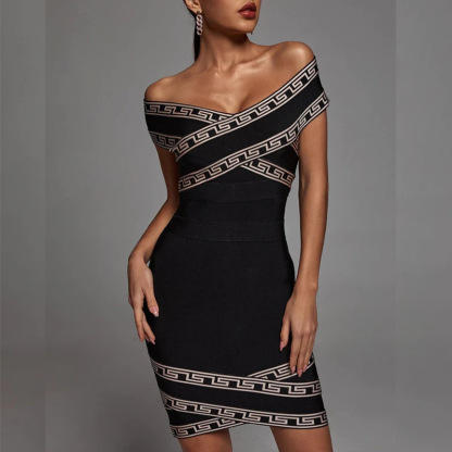 Iconic Greek Key Bandage Bodycon Mini Dress – Off-Shoulder Cross-Front Design BA350