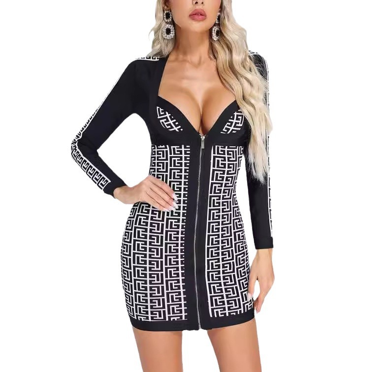 Black & White Geometric Monogram Bodycon Dress – Long Sleeve Zip Front Mini Dress BA351