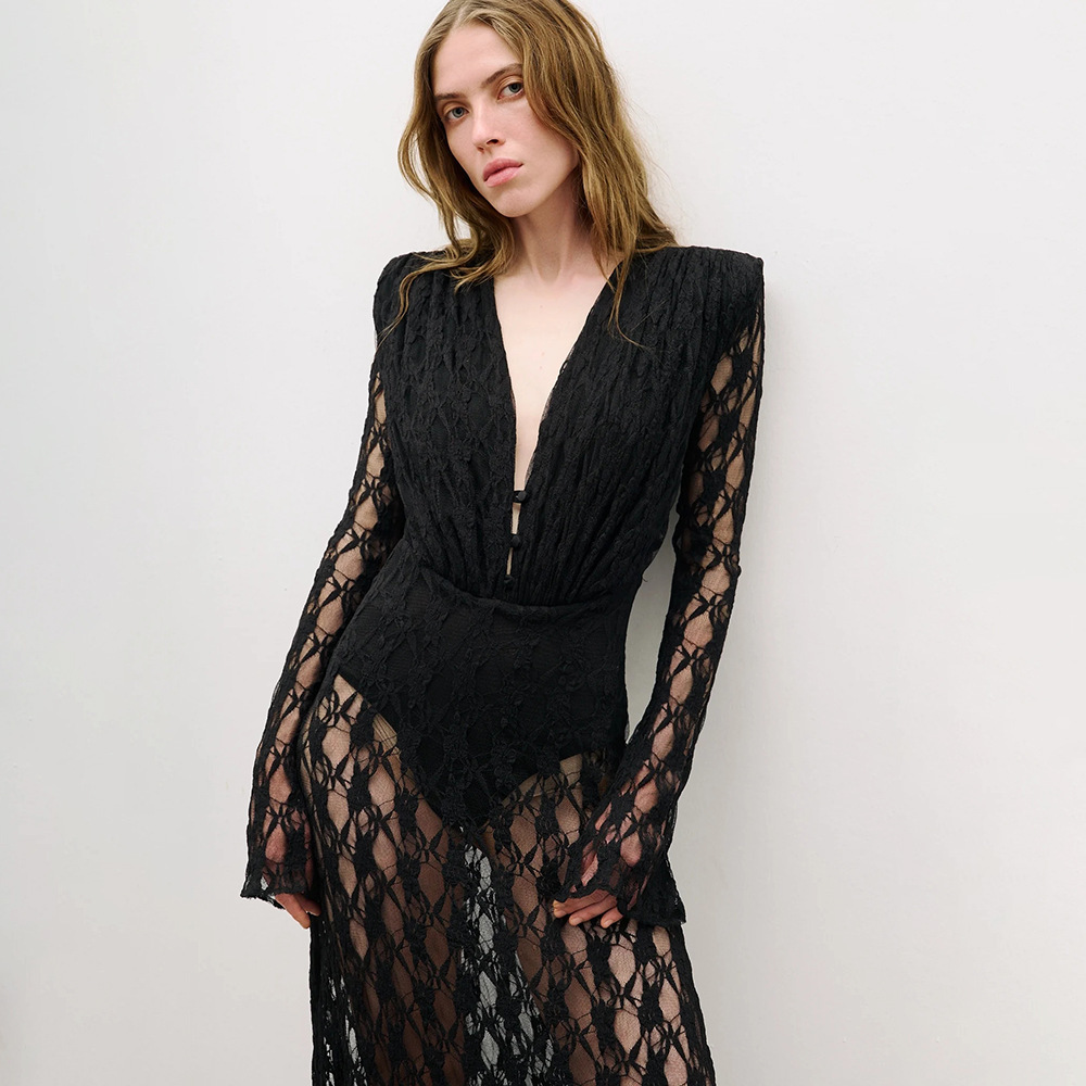 BD2668 Vintage-Inspired Black Lace Long Sleeve Evening Dress - Deep V Sheer Maxi Gown with Built-in Bodysuit BD2668