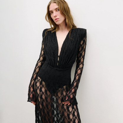 BD2668 Vintage-Inspired Black Lace Long Sleeve Evening Dress - Deep V Sheer Maxi Gown with Built-in Bodysuit BD2668