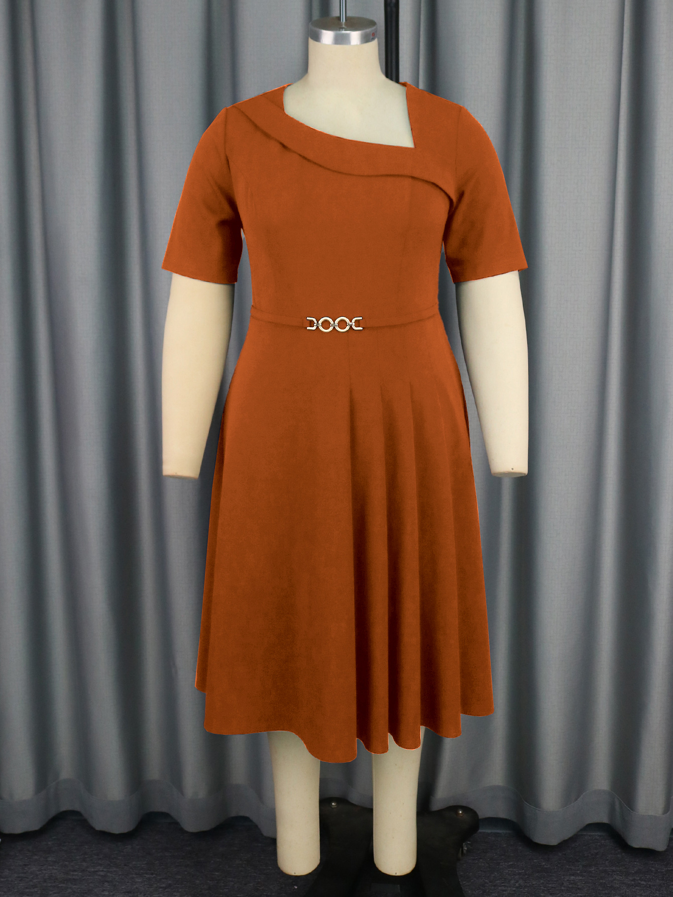 Plus-Sizes  Asymmetric Neck Pleated A-line Dress with Short Sleeves AM040926-UGENA FASHION