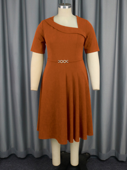 Plus-Sizes  Asymmetric Neck Pleated A-line Dress with Short Sleeves AM040926-UGENA FASHION