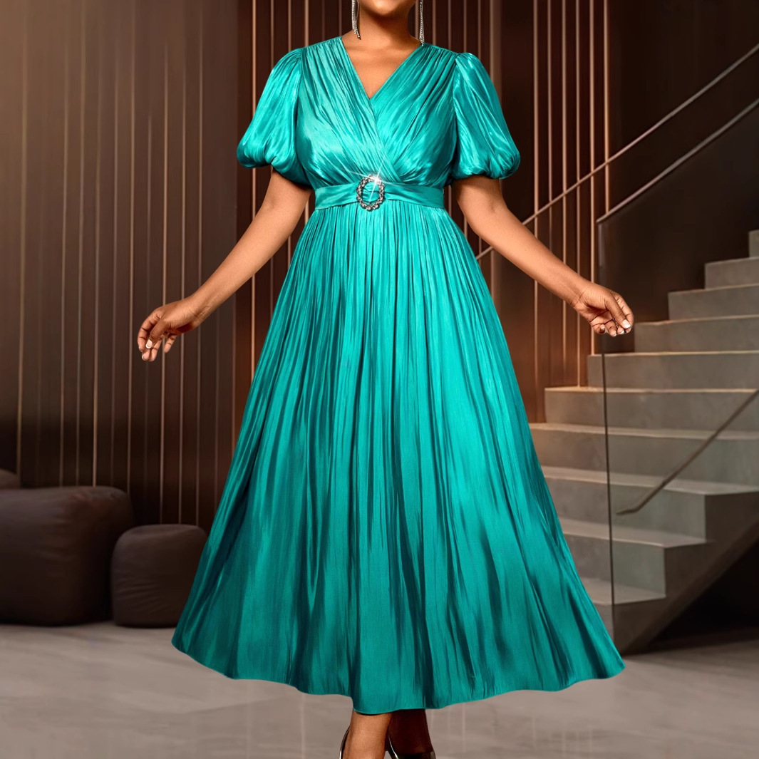 Plus-Sizes Glamorous V-Neck Metallic Pleated Maxi Dress with Buckle Belt - Puff Sleeve Elegant Party Gown AM050346	-UGENA FASHION