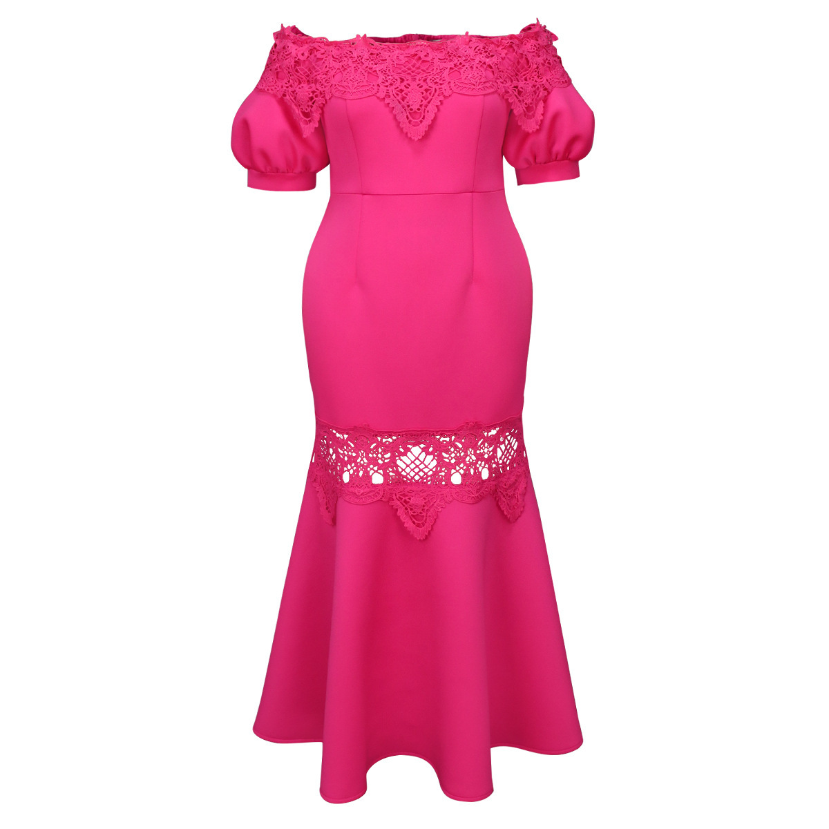 Plus-Sizes Elegant Off-Shoulder Mermaid Gown with Lace Trim - Fuchsia Bodycon Formal Dress AM041010	-UGENA FASHION