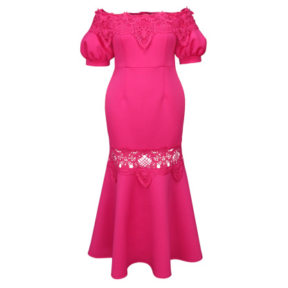 Plus-Sizes Elegant Off-Shoulder Mermaid Gown with Lace Trim - Fuchsia Bodycon Formal Dress AM041010	-UGENA FASHION