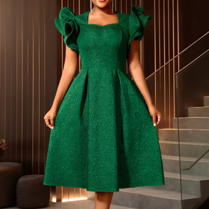 Plus-Sizes Textured Jacquard A-Line Midi Dress with Ruffle Sleeves - Elegant Square Neckline Party Dress AM050333	-UGENA FASHION
