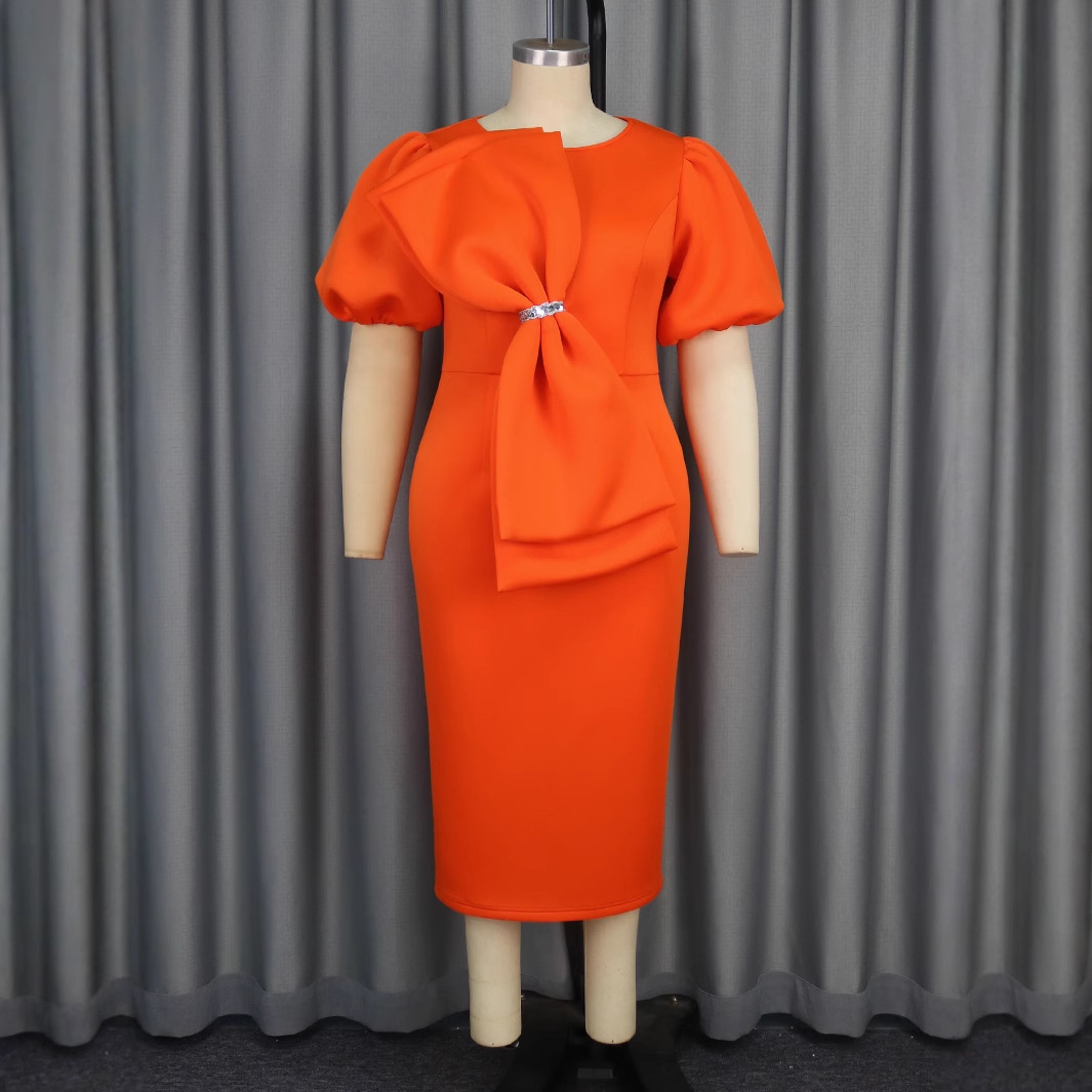 Plus-Sizes Women's Elegant Orange Bowknot Pencil Dress Available AM050114	-UGENA FASHION