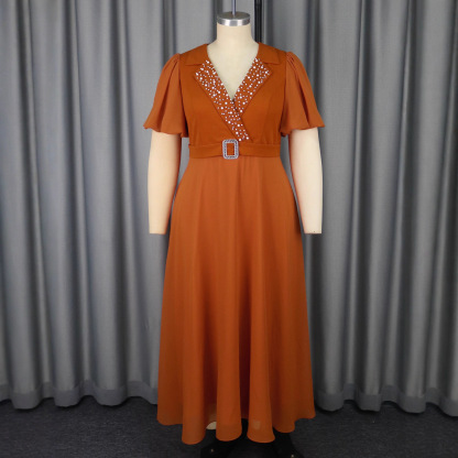 Plus-Sizes Elegant Sequin V-Neck Dress with Rhinestone Belt AM050508	-UGENA FASHION