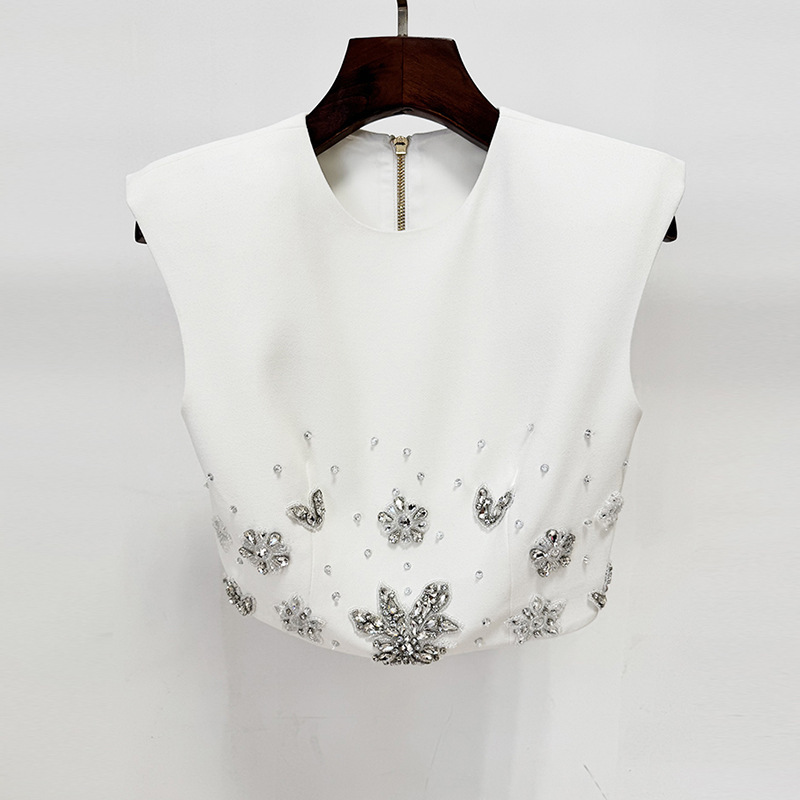 In Stock 2026 Early Spring New European and American Fashion Heavy Beading Rhinestone Vest Short Top and Skirt Set Two-Piece Set 3089