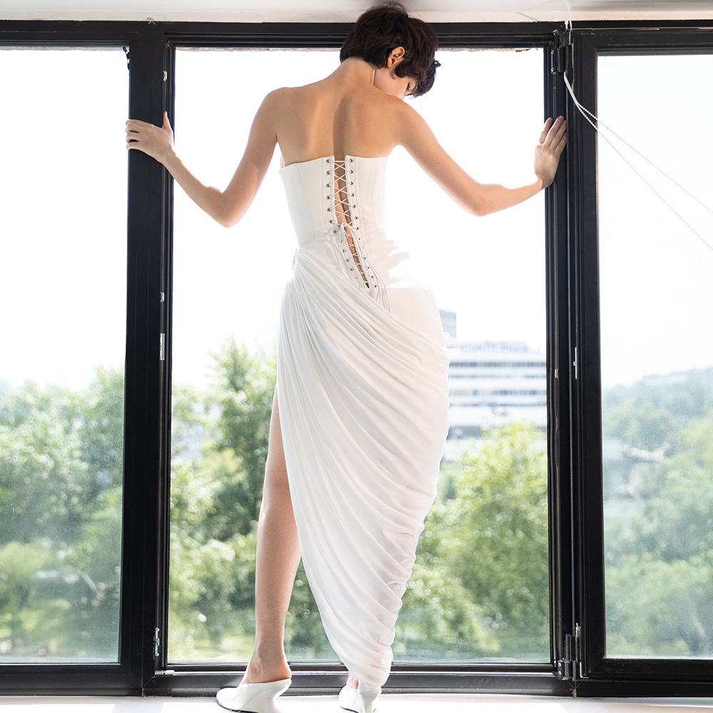 Luxurious White Corset Back Strapless Gown - Asymmetric Draped High Slit Maxi Dress for Modern Bridal & Event BD2670