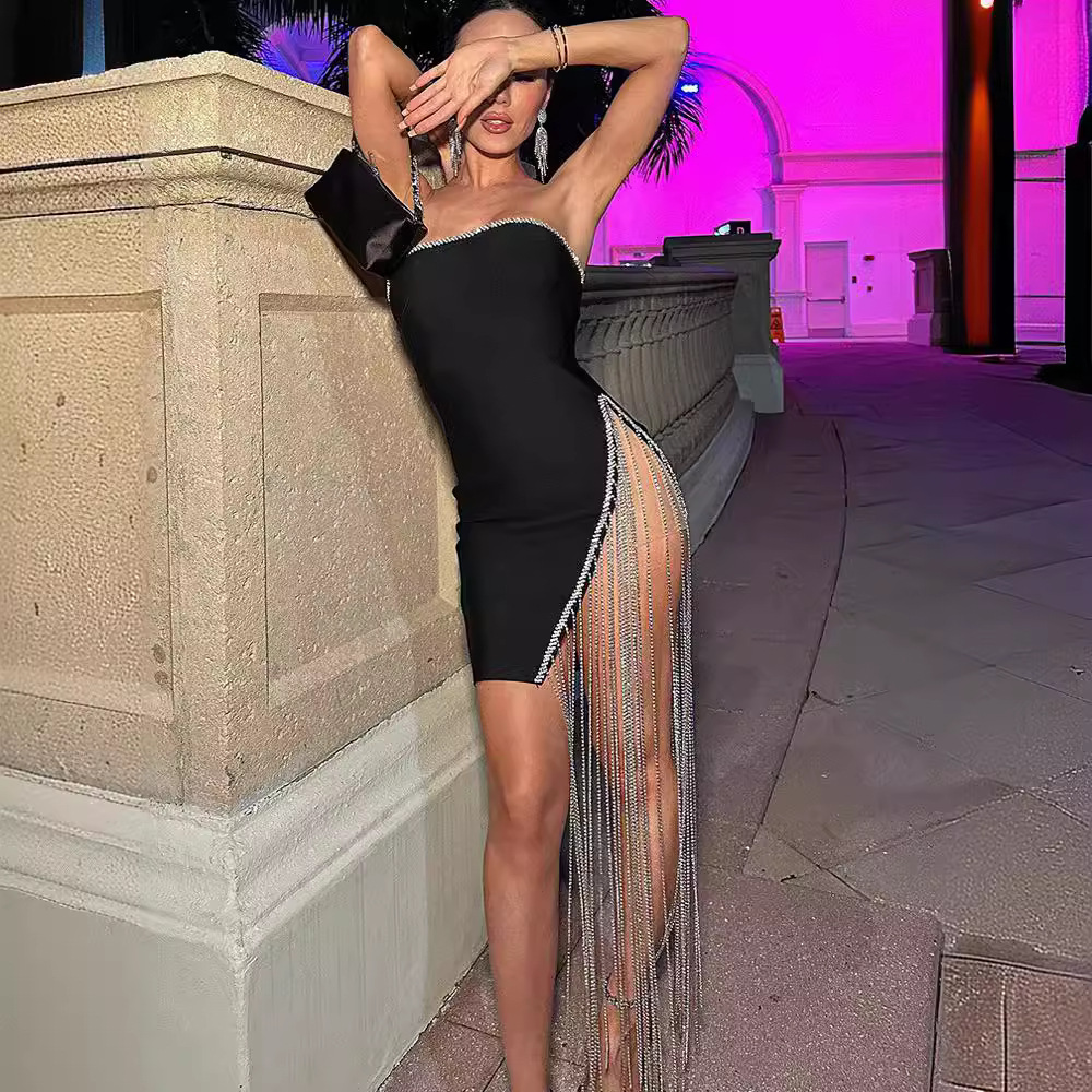 Black Rhinestone Fringe Bodycon Mini Dress - Strapless High-Slit Clubwear BA432
