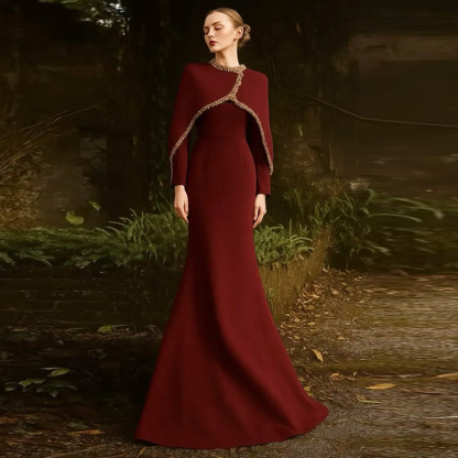 Luxury High Neck Long Sleeve Mermaid Wedding Dress with Detachable Beaded Capelet - Red/White 9099