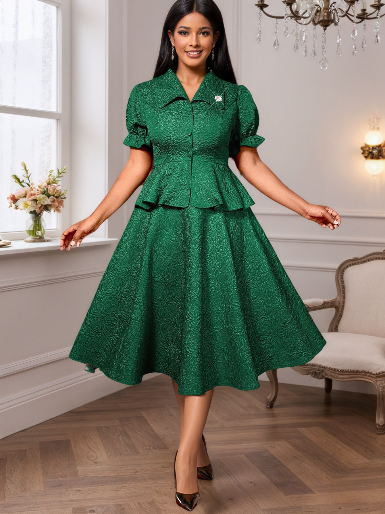 Plus-Sizes Vintage-Inspired Peplum Skirt Suit with A-Line Skirt AM050247SET	-UGENA FASHION