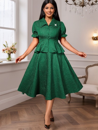 Plus-Sizes Vintage-Inspired Peplum Skirt Suit with A-Line Skirt AM050247SET	-UGENA FASHION