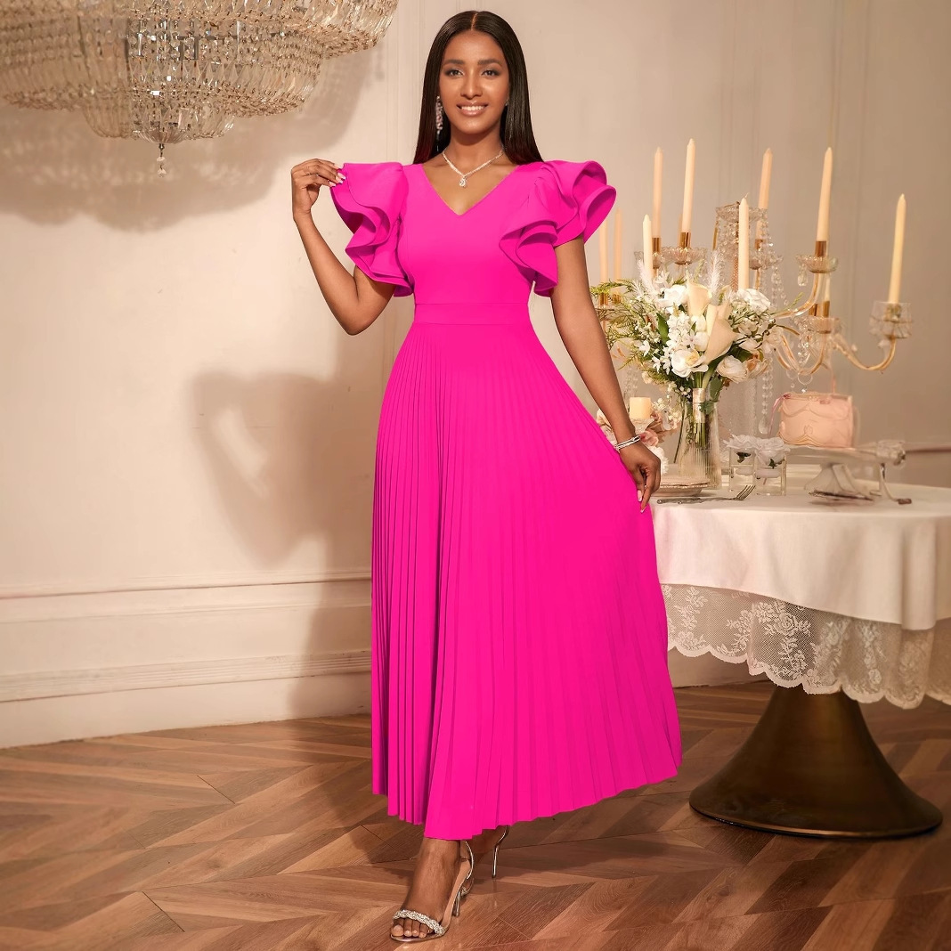 Plus-Sizes V-Neck Ruffle Sleeve Pleated A-Line Maxi Dress - Elegant Solid Pink Party Gown AM050446	-UGENA FASHION
