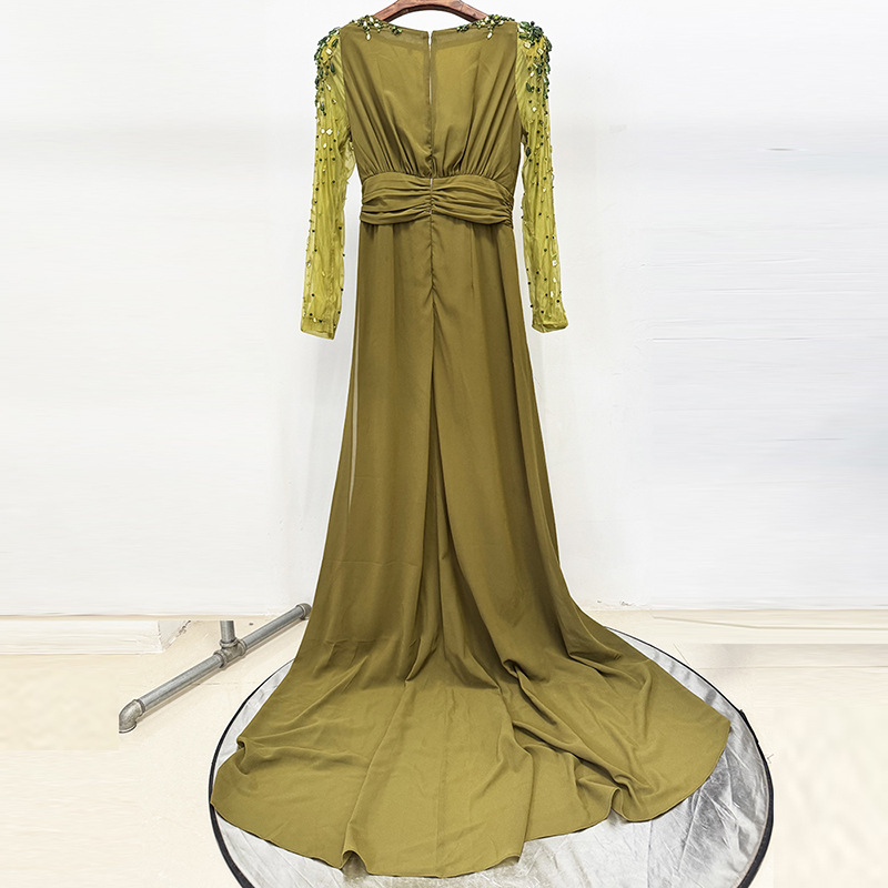 Elegant Olive Green Beaded Long Sleeve Draped Gown 9009