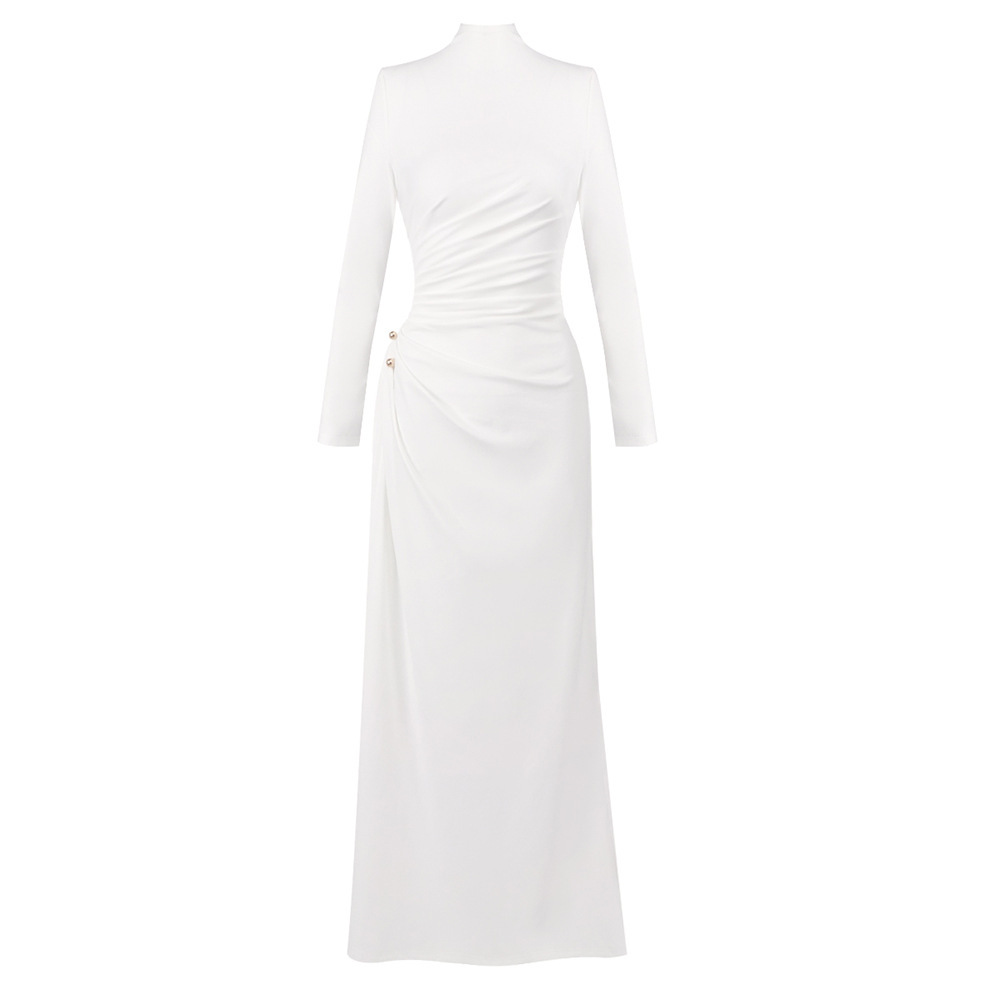 Elegant White Mock Neck Long Sleeve High Slit Gown - Bodycon Ruched Maxi Dress for Evening, Cocktail & Wedding Guest BD2666