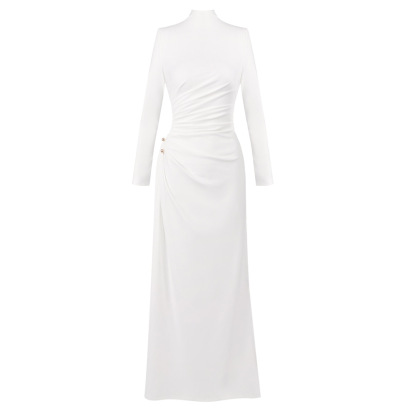 Elegant White Mock Neck Long Sleeve High Slit Gown - Bodycon Ruched Maxi Dress for Evening, Cocktail & Wedding Guest BD2666
