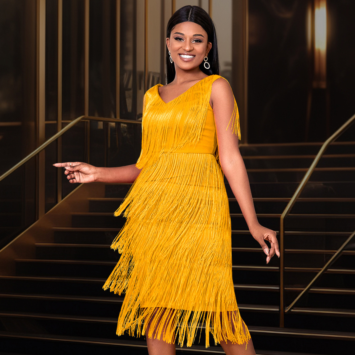 Plus-Sizes Sexy V-Neck Fringe Bodycon Party Dress AM220653 -UGENA FASHION