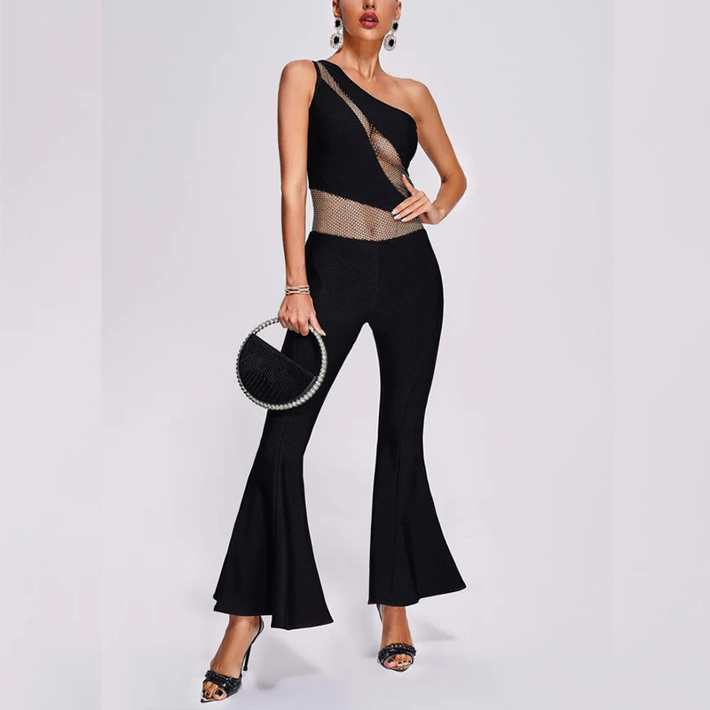 Dazzling One Shoulder Crystal Mesh Jumpsuit – Black Flared Leg Bodycon Romper BA352