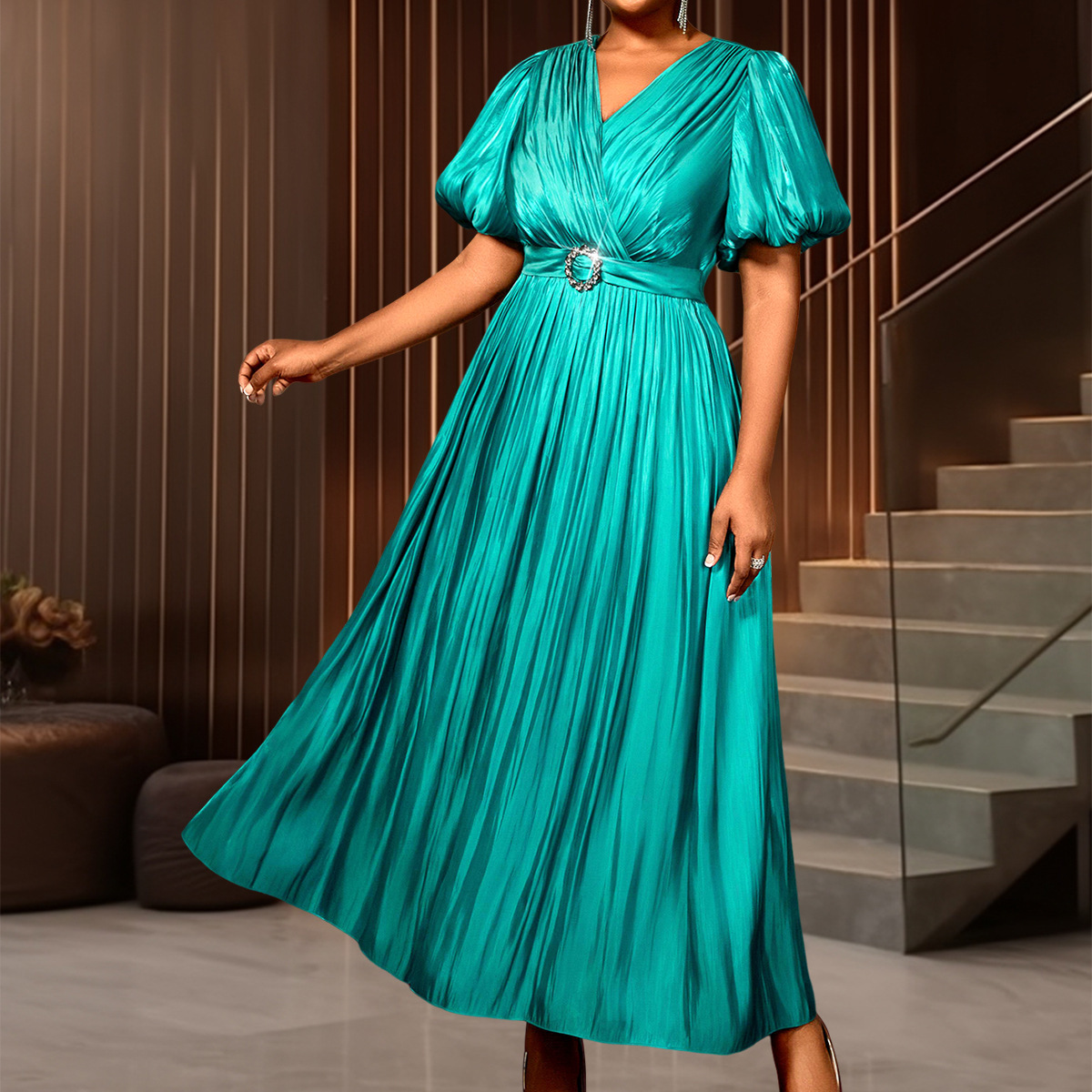 Plus-Sizes Glamorous V-Neck Metallic Pleated Maxi Dress with Buckle Belt - Puff Sleeve Elegant Party Gown AM050346	-UGENA FASHION