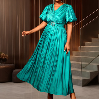 Plus-Sizes Glamorous V-Neck Metallic Pleated Maxi Dress with Buckle Belt - Puff Sleeve Elegant Party Gown AM050346	-UGENA FASHION