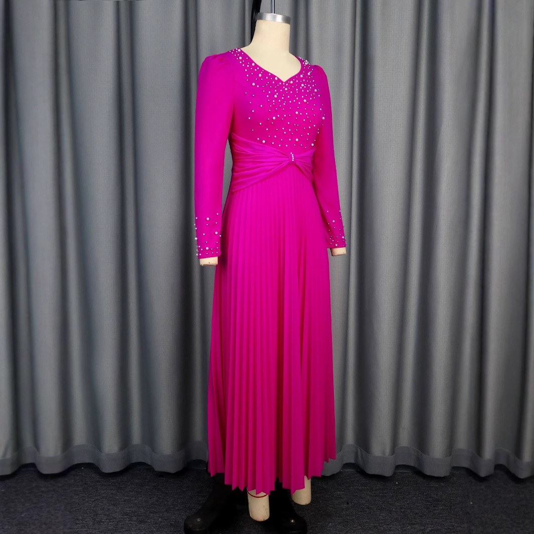 Plus-Sizes Long Sleeve Embellished Pleated Maxi Dress - Elegant V-Neck Gown for Formal Occasions AM050217	-UGENA FASHION