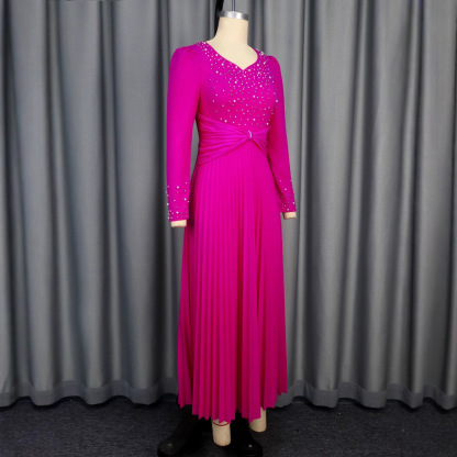 Plus-Sizes Long Sleeve Embellished Pleated Maxi Dress - Elegant V-Neck Gown for Formal Occasions AM050217	-UGENA FASHION