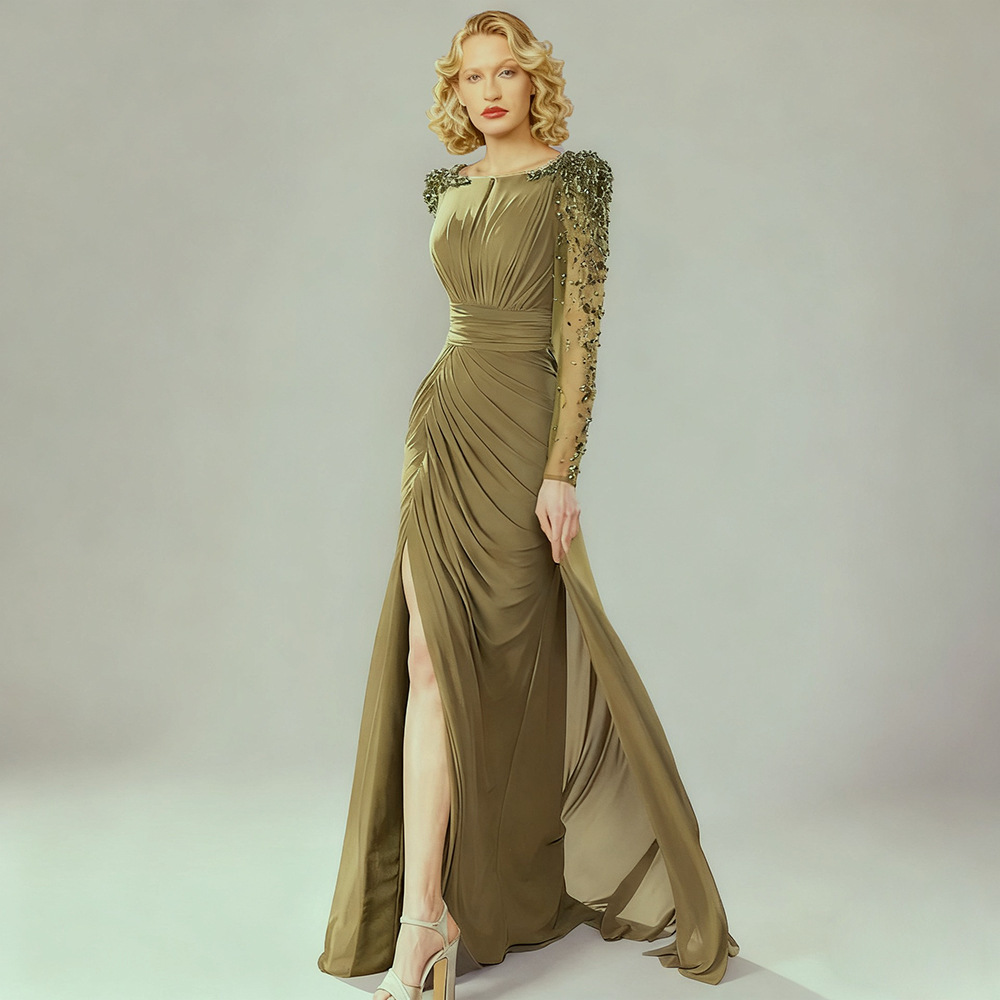 Elegant Olive Green Beaded Long Sleeve Draped Gown 9009