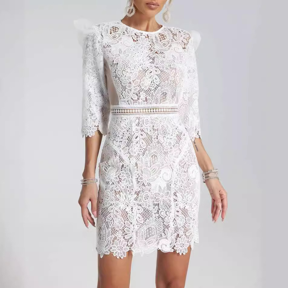 White Guipure Lace Mini Dress - Ruffle Shoulder Sheer Waist Cocktail Dress BA435