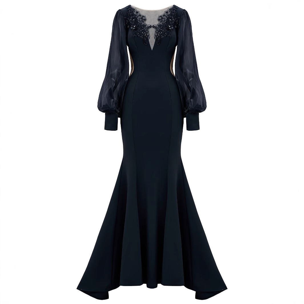 Black Statement Puff Sleeve Mermaid Gown | Beaded V-Neck Illusion Formal Dress qc15