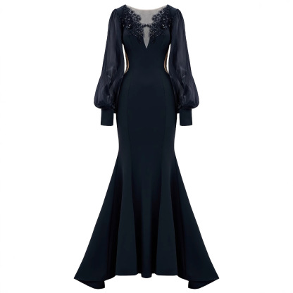 Black Statement Puff Sleeve Mermaid Gown | Beaded V-Neck Illusion Formal Dress qc15