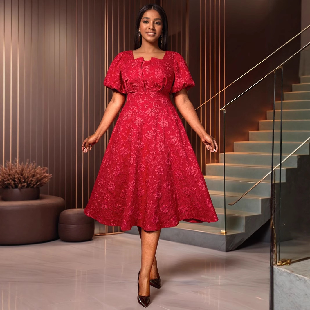 Plus-Sizes Vintage Floral Jacquard Midi Dress with Square Neckline & Puffed Sleeves - Perfect for Garden Parties & Events  AM050342	-UGENA FASHION