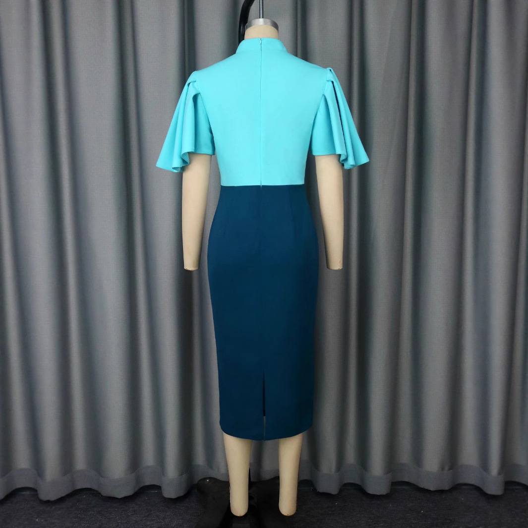 Plus-Sizes Elegant Patchwork Sheath Dress with Flounce Sleeves - Two-Tone Bodycon Midi Dress for Women AM050532	-UGENA FASHION