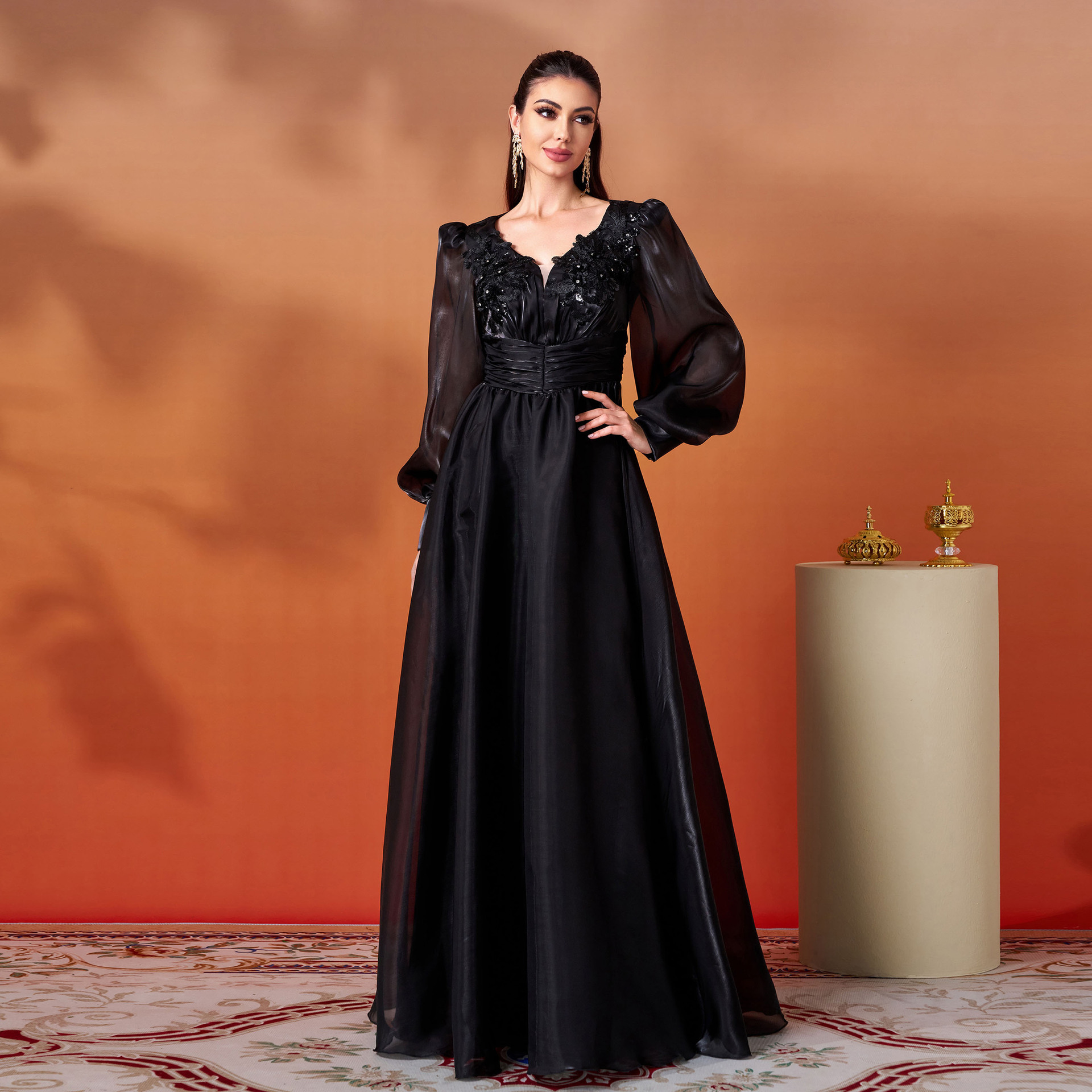 Elegant Black V-Neck Long Sleeve Chiffon A-Line Formal Gown with Beaded Detail dh80456