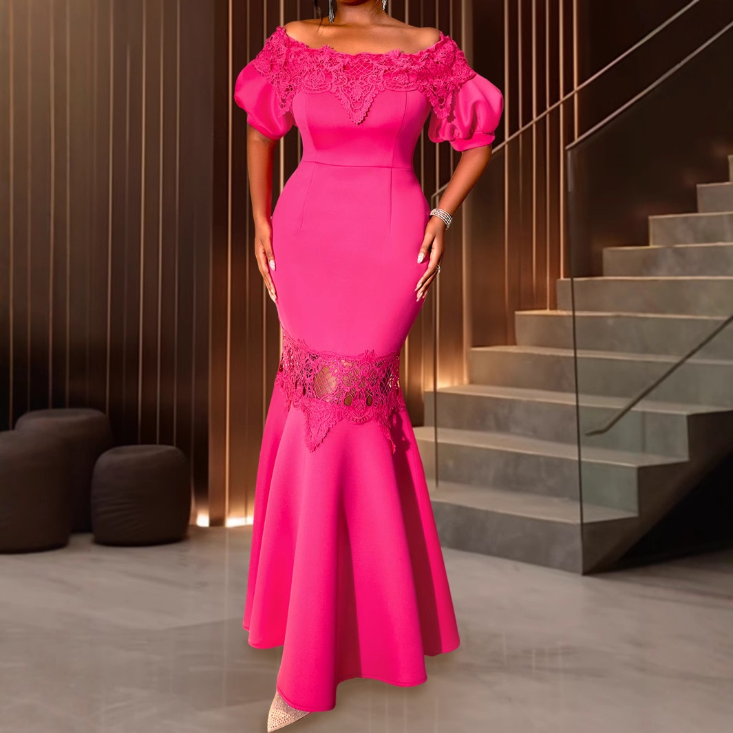 Plus-Sizes Elegant Off-Shoulder Mermaid Gown with Lace Trim - Fuchsia Bodycon Formal Dress AM041010	-UGENA FASHION