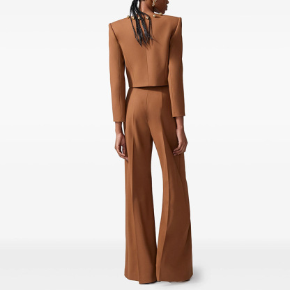 Chic Brown Cropped Blazer & Wide Leg Trousers Set - Gold Button 3082
